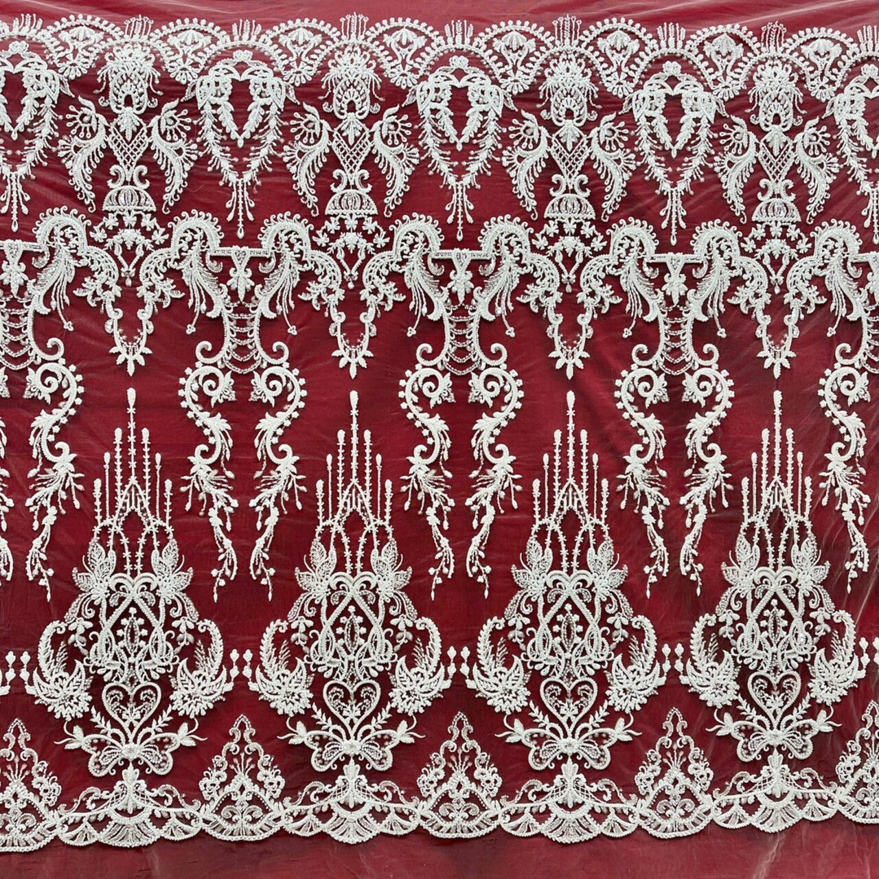 1 Yard Floral Embroidered Lace Fabric on Sheer Polyester Mesh, White, Ivory, and Blush